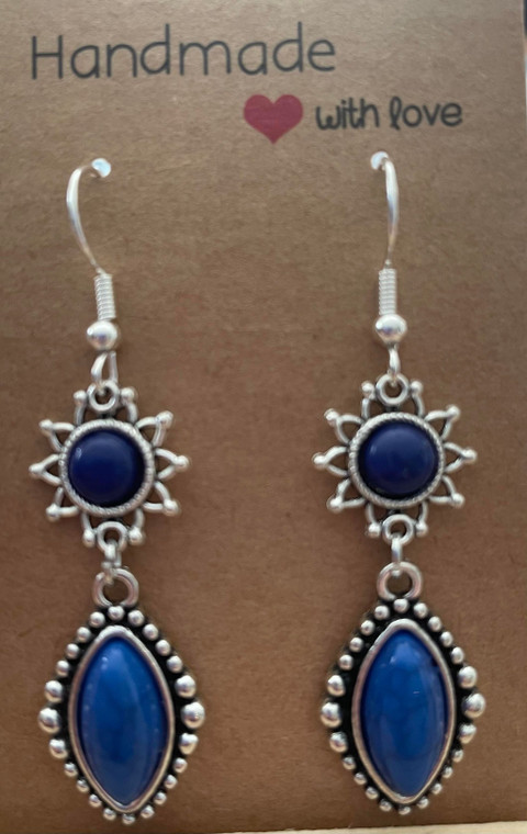 Handmade Vintage Silver Plated Charm with Sun Drop Hook Earrings - Dark Blue #2