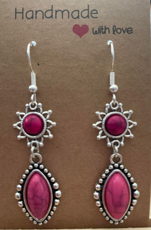 Handmade Vintage Silver Plated Charm with Sun Drop Hook Earrings - Pink Stone