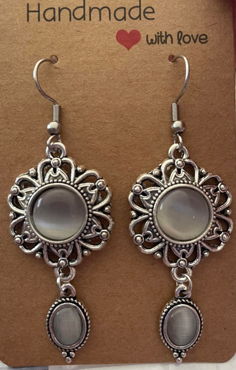 Handmade Vintage Silver Plated Round Charm Drop Hook Earrings - Silver