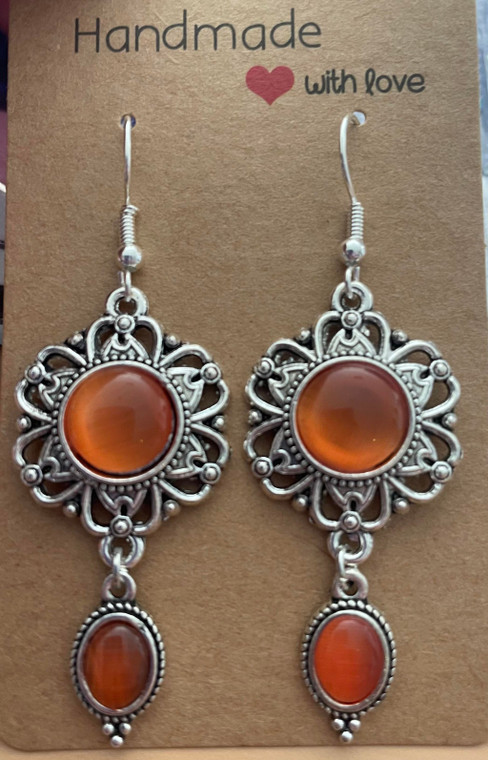 Handmade Vintage Silver Plated Round Charm Drop Hook Earrings - Orange