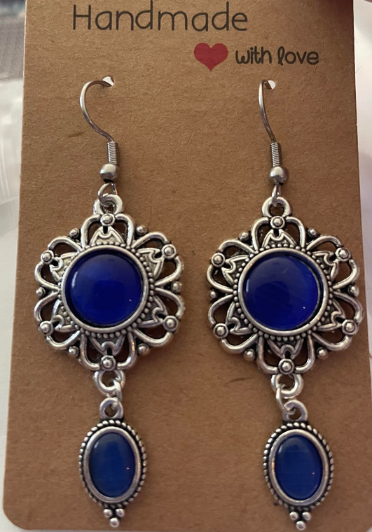 Handmade Vintage Silver Plated Round Charm Drop Hook Earrings - Dark Blue