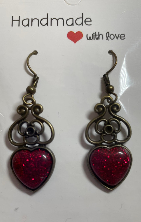 Handmade Bronze Plated Heart Glitter Drop Hook Earrings - Red