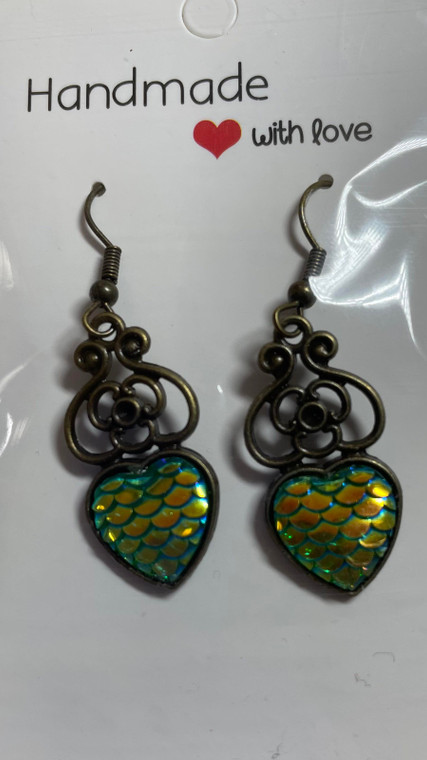 Handmade Bronze Plated Heart Mermaid Scale Drop Hook Earrings - Green