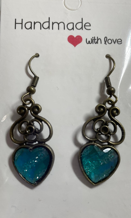 Handmade Bronze Plated Heart Drop Hook Earrings - Blue