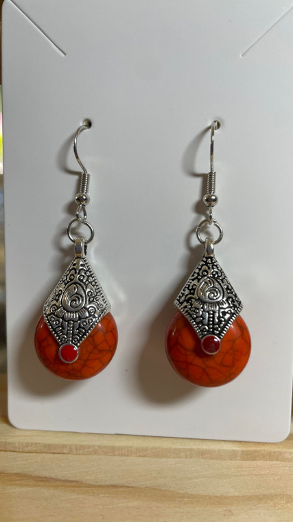 Handmade Tibetan Silver Plated Stone Drop Hook Earrings - Orange