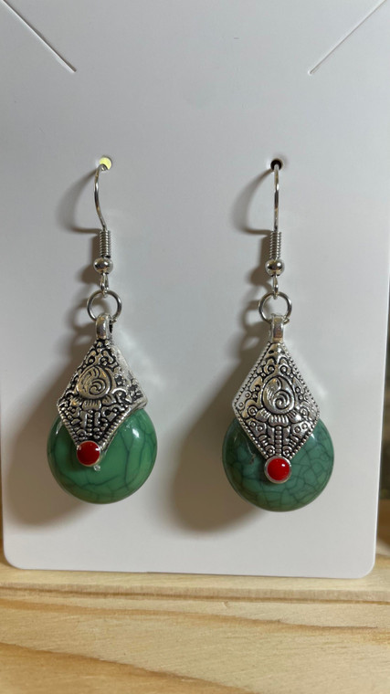 Handmade Tibetan Silver Plated Stone Drop Hook Earrings - Green