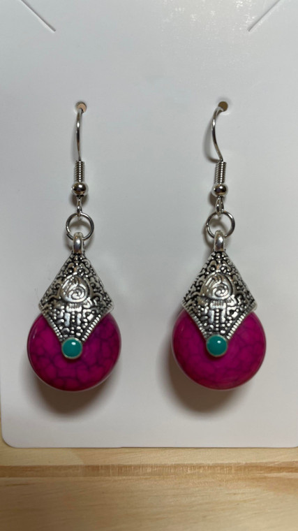 Handmade Tibetan Silver Plated Stone Drop Hook Earrings - Pink