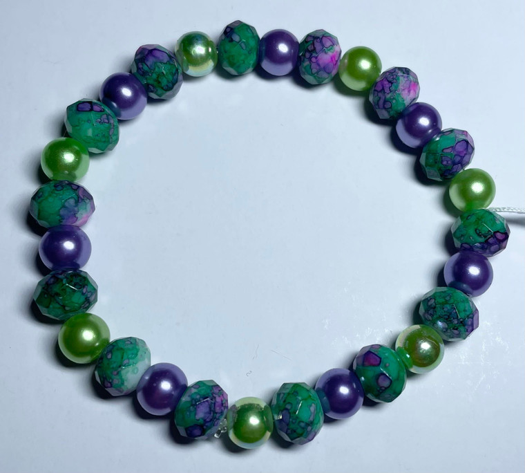 Handmade Elastacised Beaded Green & Purple Bracelet - #9