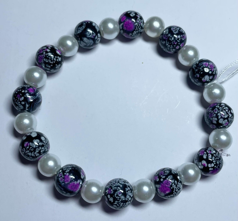 Handmade Elastacised Beaded White, Black & Purple Bracelet - #13