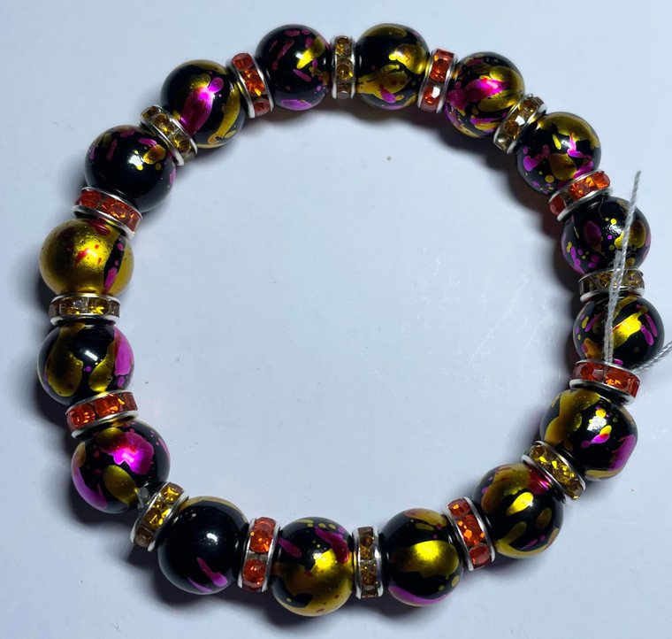 Handmade Elastacised Beaded Bracelet Pink & Gold with Crystal Spacers #14