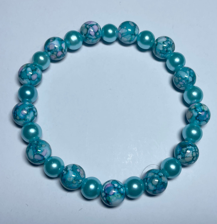 Handmade Elastacised Beaded Bracelet Aqua Blue with Light Blue Spacers #15