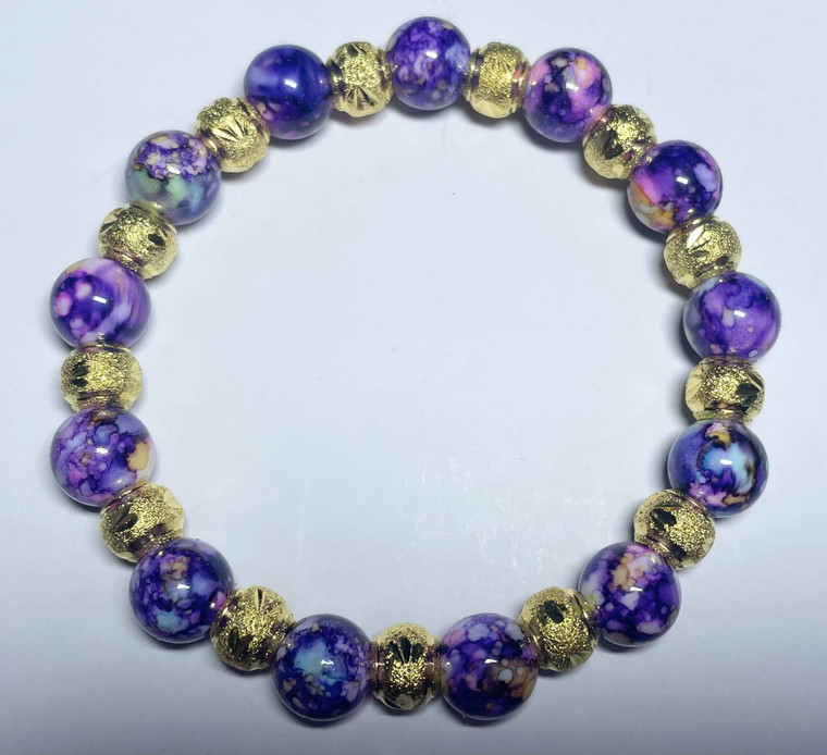Handmade Elastacised Beaded Bracelet Purple with Gold Spacers #16