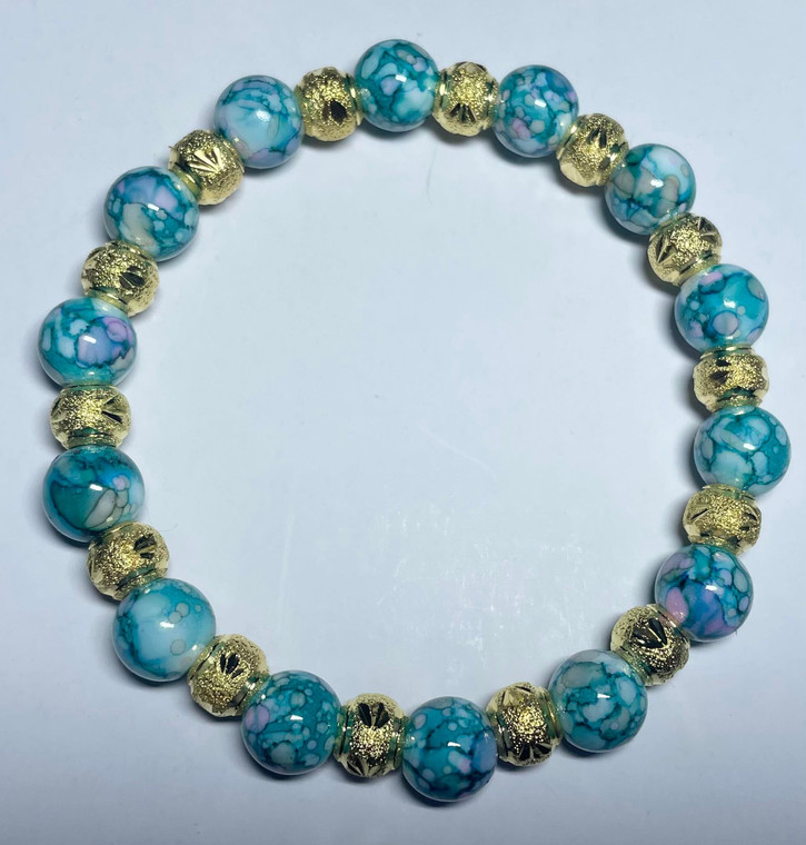 Handmade Elastacised Beaded Bracelet Aqua Blue with Gold Spacers #17