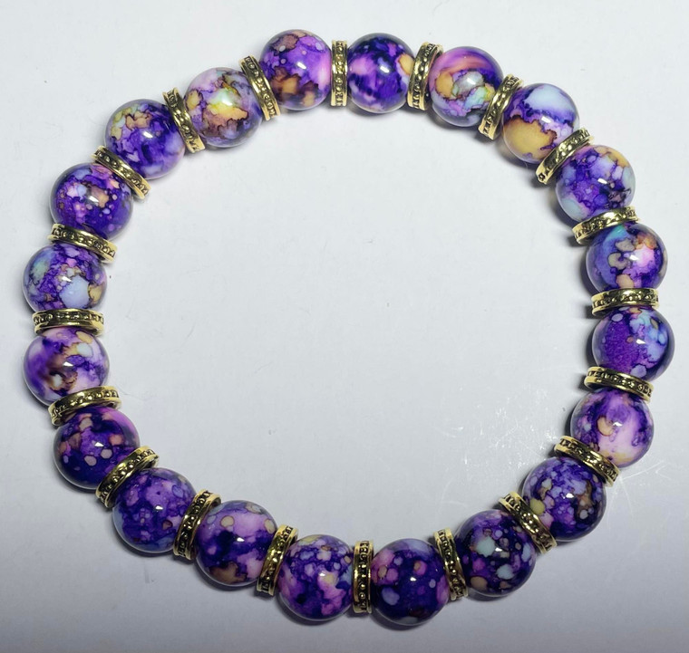 Handmade Elastacised Purple Beaded Bracelet with Gold Spacers #21