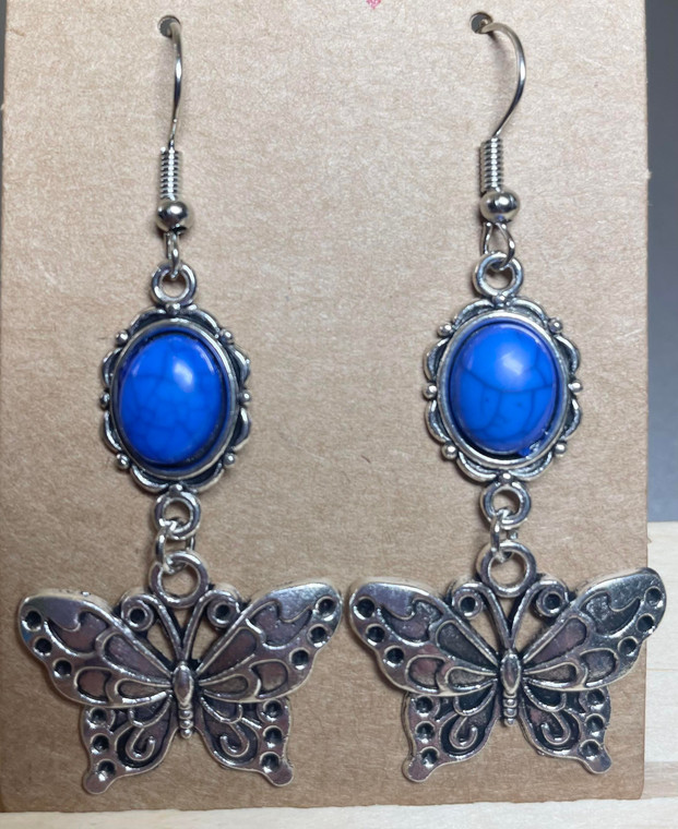Handmade Silver Plated Butterfly with Blue Stone Hook Earrings