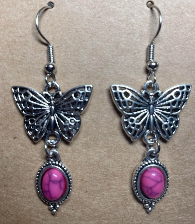 Handmade Silver Plated Butterfly with Pink Stone Hook Earrings