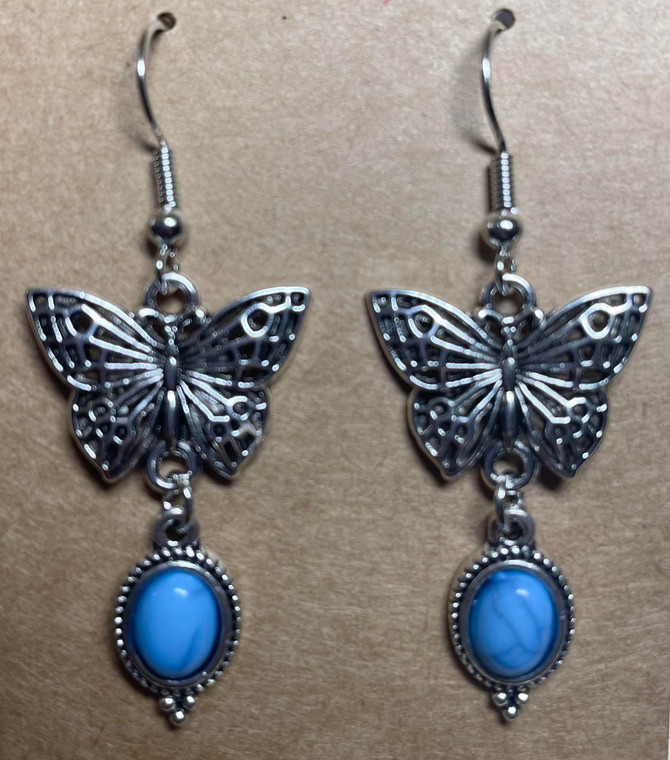 Handmade Silver Plated Butterfly with Light Blue Stone Hook Earrings