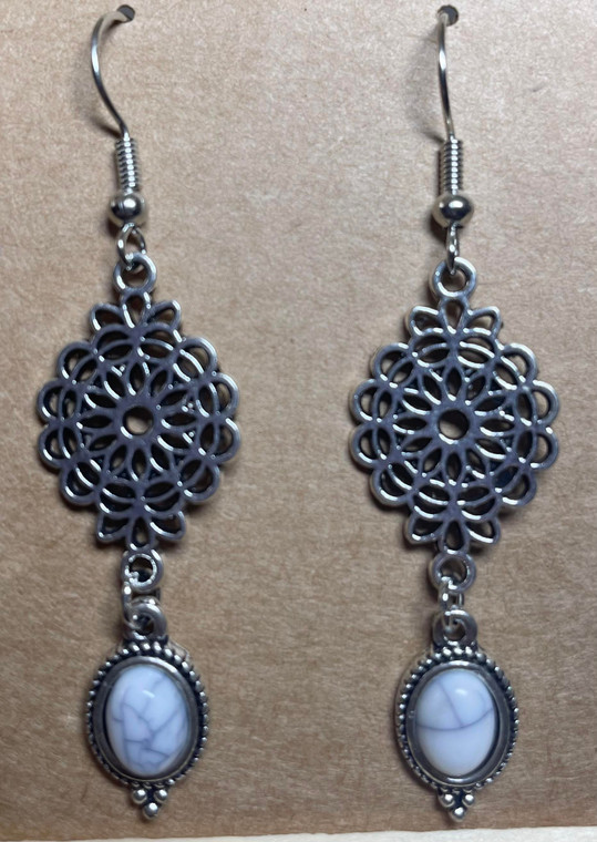 Handmade Silver Plated Dangle Earrings with White Stone Charm