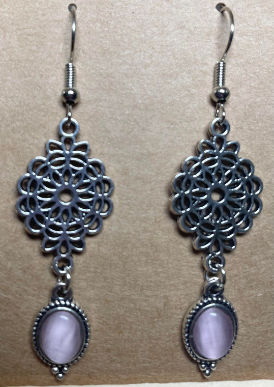 Handmade Silver Plated Dangle Earrings with Light Pink Cabochon Charm