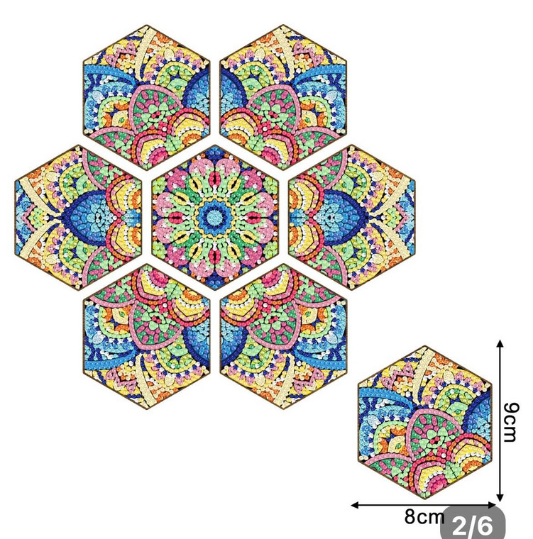 NEW 7 Piece Diamond Painting DIY Hexagonal Mandala Coaster Set - Includes Stand