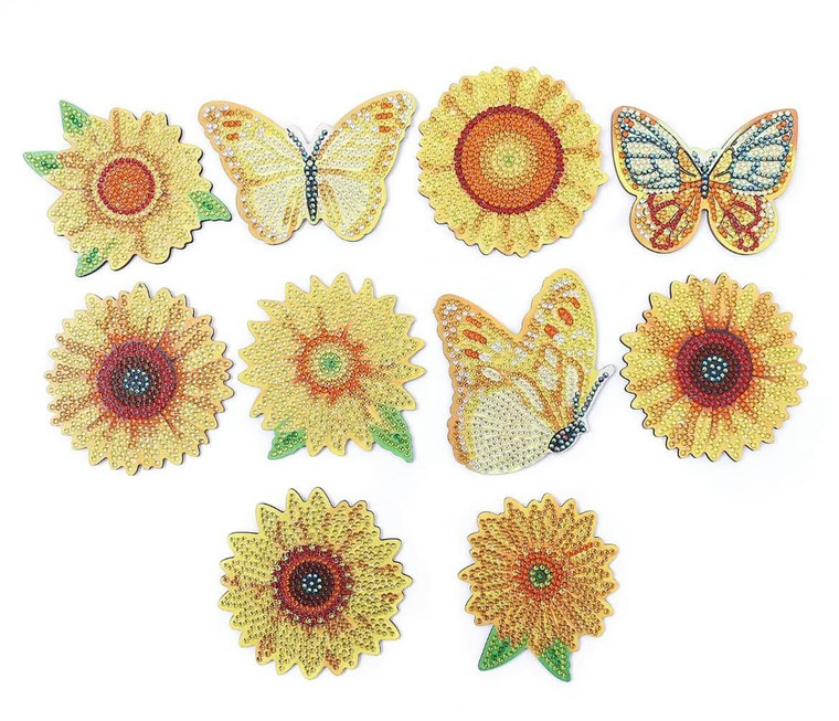 NEW 10 Piece Diamond Painting DIY Sunflower & Butterfly Coaster Set - Includes Stand