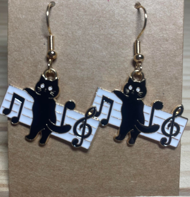 NEW HANDMADE Musical Cat Charm Drop Hook Earrings