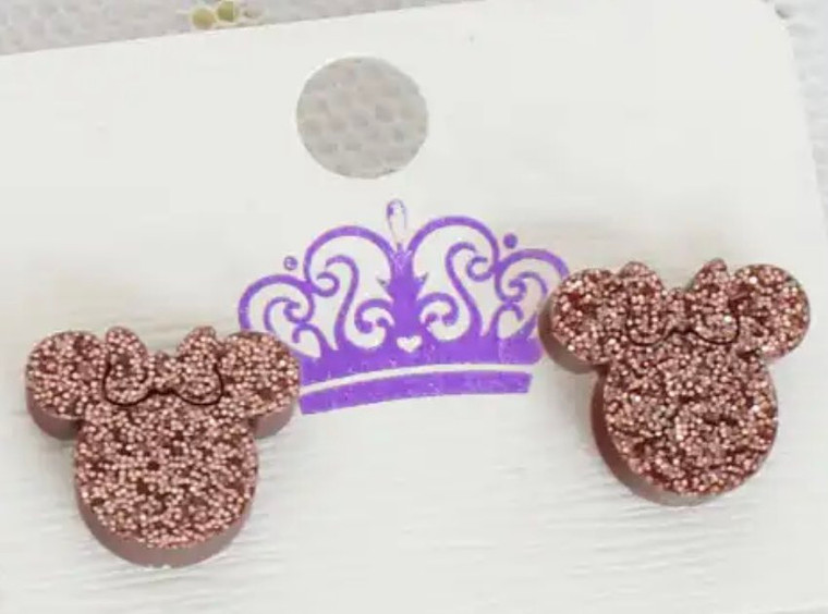Pair Girls Acrylic Brown Glitter Minnie Head Stud Earrings