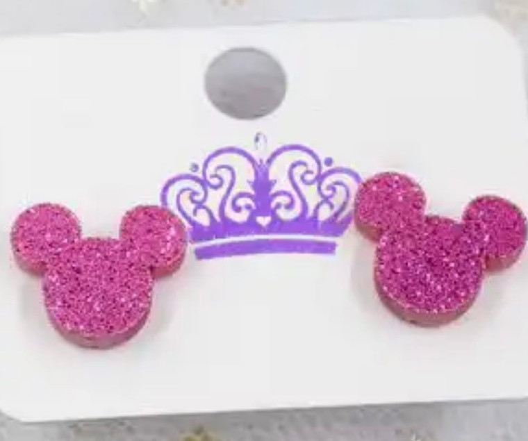 Pair Girls Acrylic Pink Glitter Mickey Head Stud Earrings