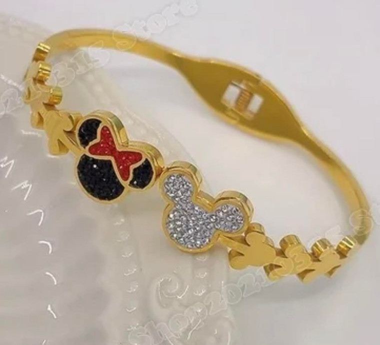 NEW Gold Plated Crystal Mickey Mouse & Minnie Bangle/Bracelet