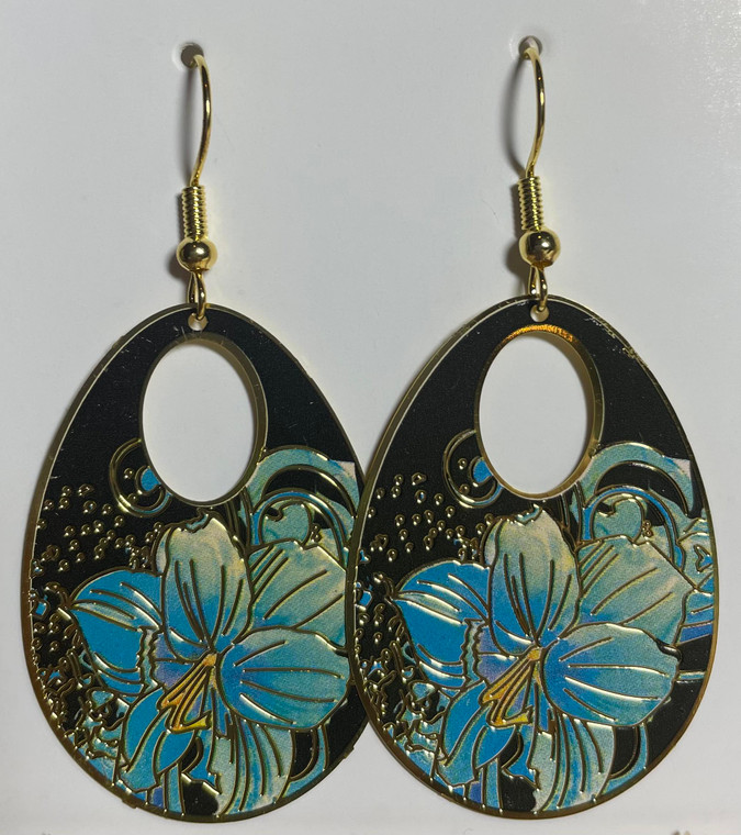 HANDMADE Oval Gold Plated Metal Laser Printed Blue Flower Hook Earrings