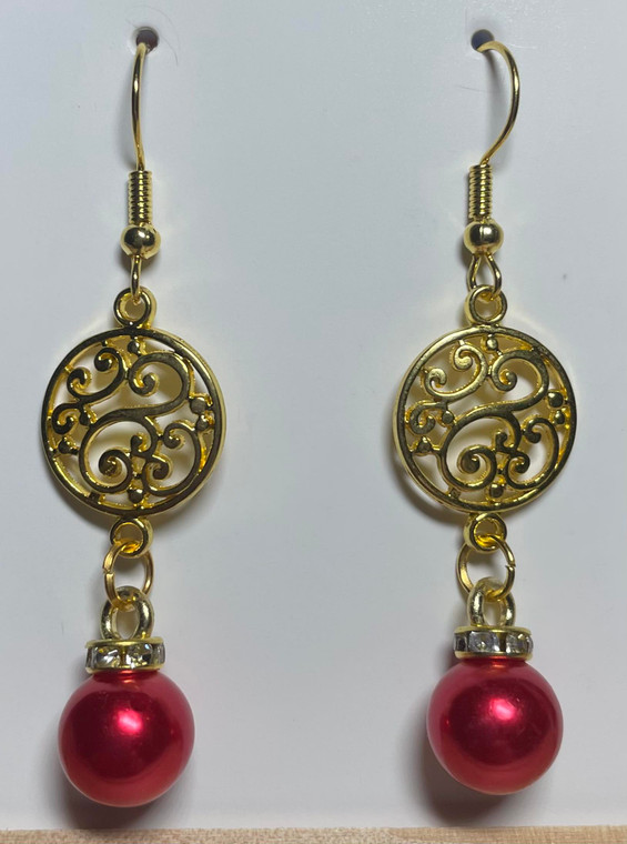 HANDMADE Gold Plated Spacer with Simulated Pearl Ball Earrings - Red