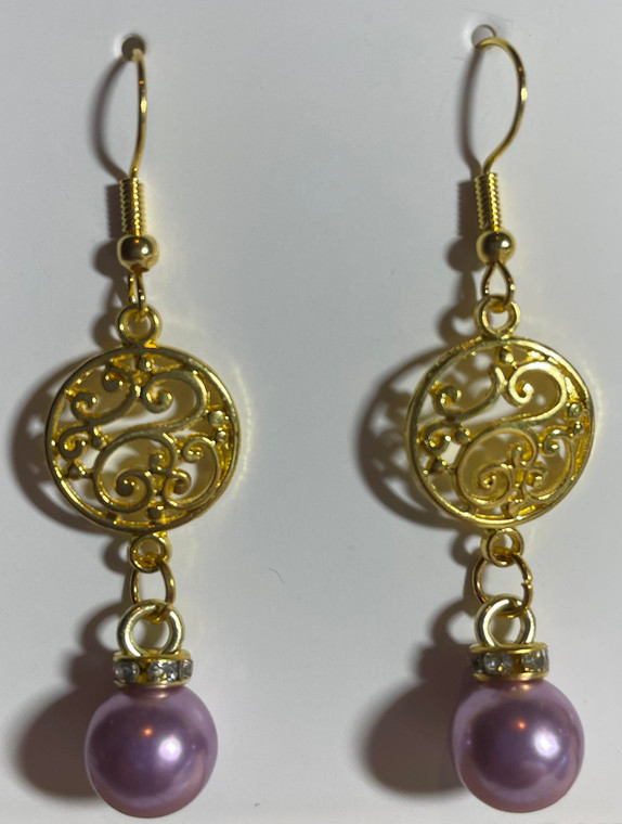 HANDMADE Gold Plated Spacer with Simulated Pearl Ball Earrings - Purple