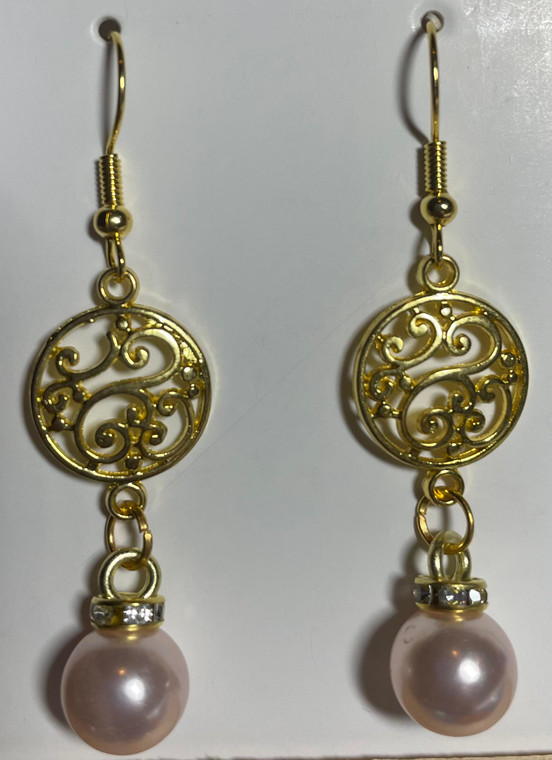 HANDMADE Gold Plated Spacer with Simulated Pearl Ball Earrings - Light Pink