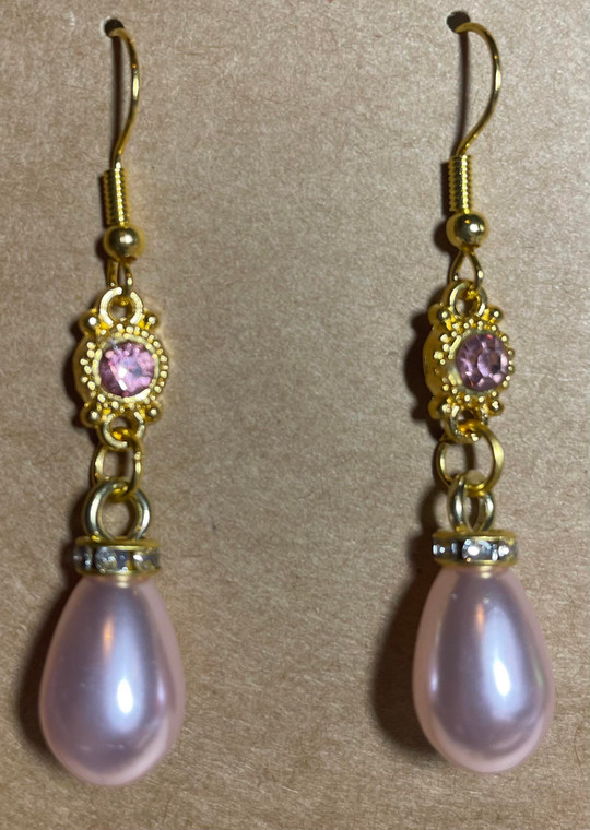 HANDMADE Gold Plated Crystal Spacer with Simulated Pearl Teardrop Earrings - Light Pink