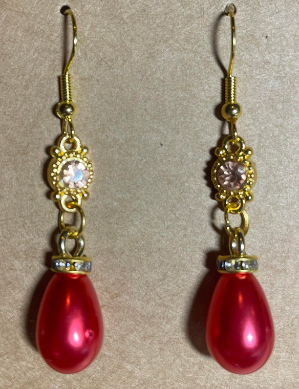 HANDMADE Gold Plated Crystal Spacer with Simulated Pearl Teardrop Earrings - Red
