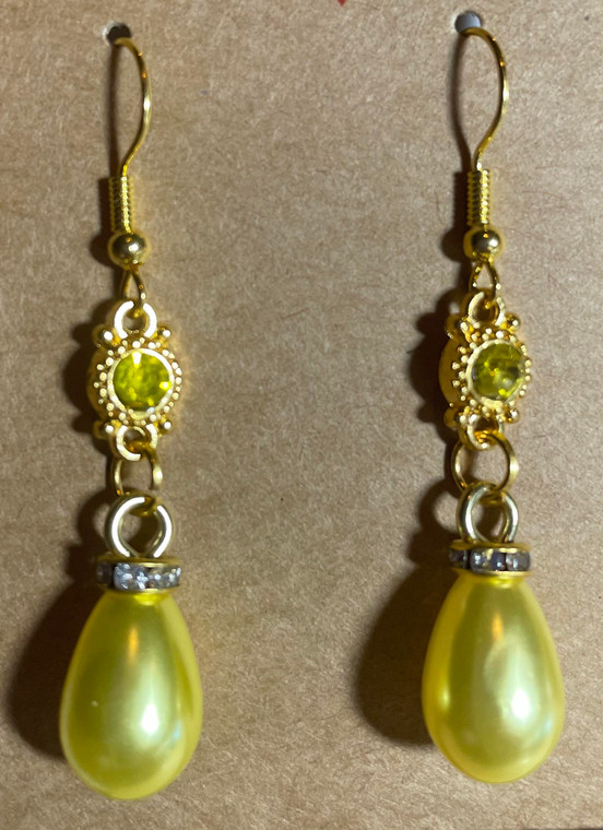 HANDMADE Gold Plated Crystal Spacer with Simulated Pearl Teardrop Earrings - Yellow