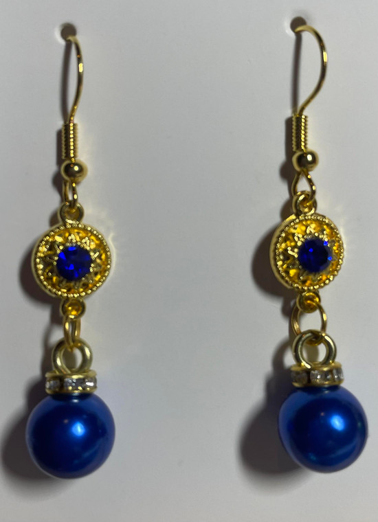 HANDMADE Gold Plated Crystal Spacer with Simulated Pearl Ball Earrings - Blue