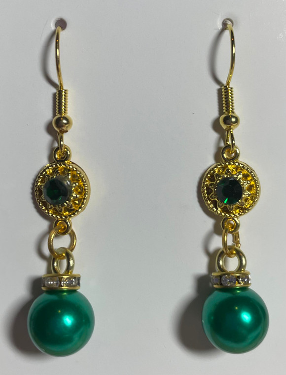 HANDMADE Gold Plated Crystal Spacer with Simulated Pearl Ball Earrings - Green