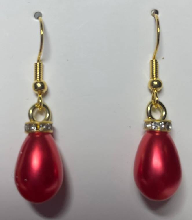 HANDMADE Gold Plated Simulated Pearl Teardrop Earrings - Red