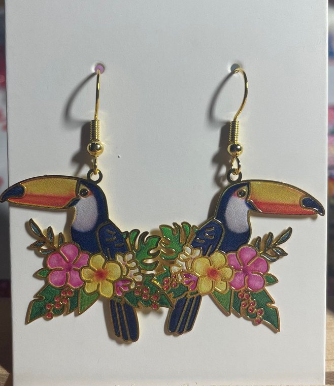 HANDMADE Gold Plated Metal Laser Printed Colourful Toucan Hook Earrings