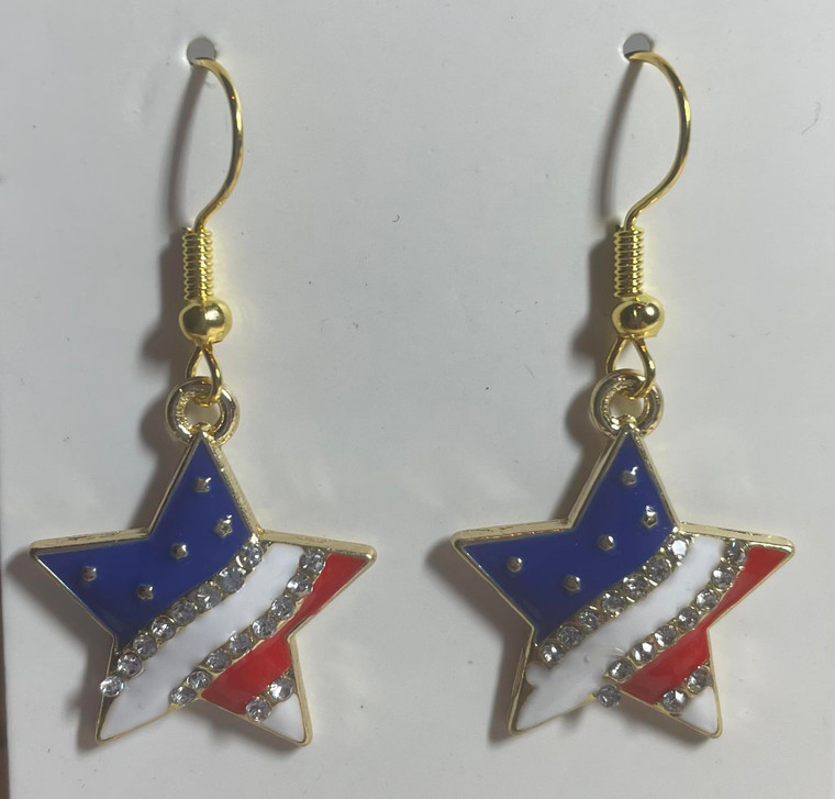 HANDMADE - American USA Red, White & Blue Crystal Star Charm Hook Earrings