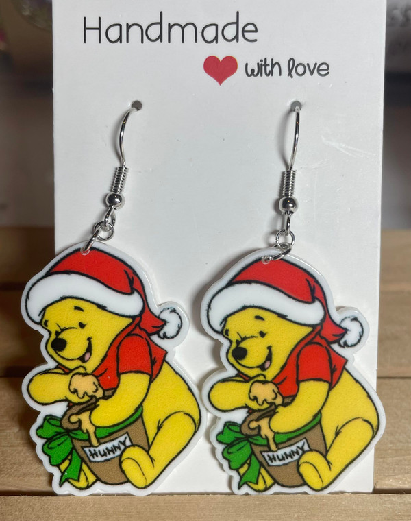 HANDMADE Acrylic Disney Winnie the Pooh Christmas Drop Hook Earrings