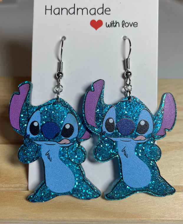 HANDMADE Acrylic Disney Stitch Blue Glitter Drop Hook Earrings
