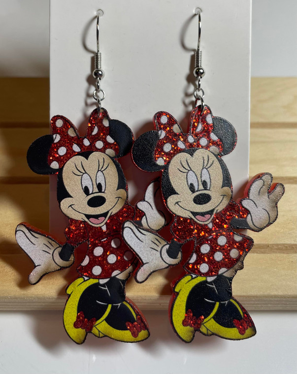 HANDMADE Acrylic Disney Minnie Mouse Red Glitter Drop Hook Earrings