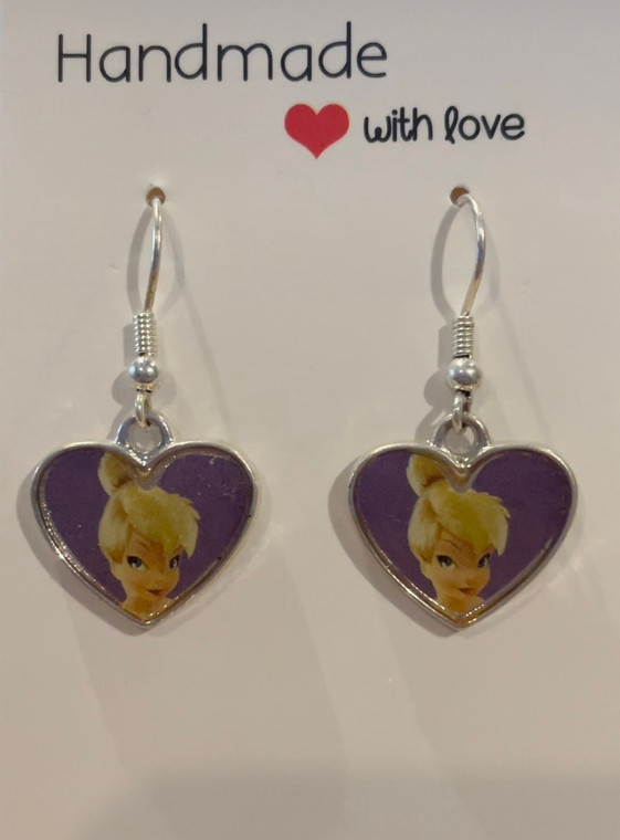 HANDMADE - Disney Tinkerbell Fairy Purple Heart Drop Hook Earrings - Great Gift