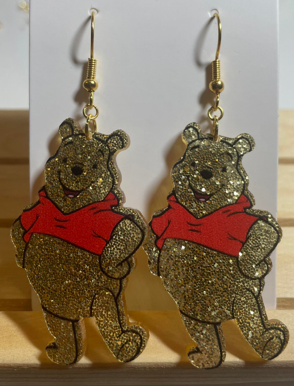 HANDMADE Acrylic Disney Winnie the Pooh Gold Glitter Drop Hook Earrings