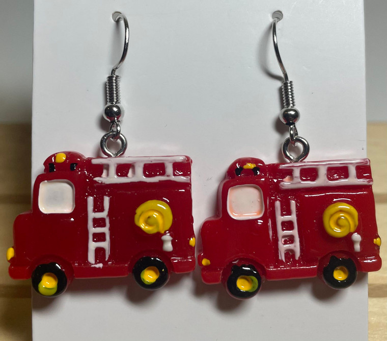 HANDMADE Resin Red Firetruck Drop Hook Earrings