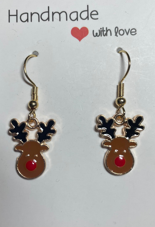 HANDMADE - Gold Plated Christmas Brown Reindeer Hook Earrings