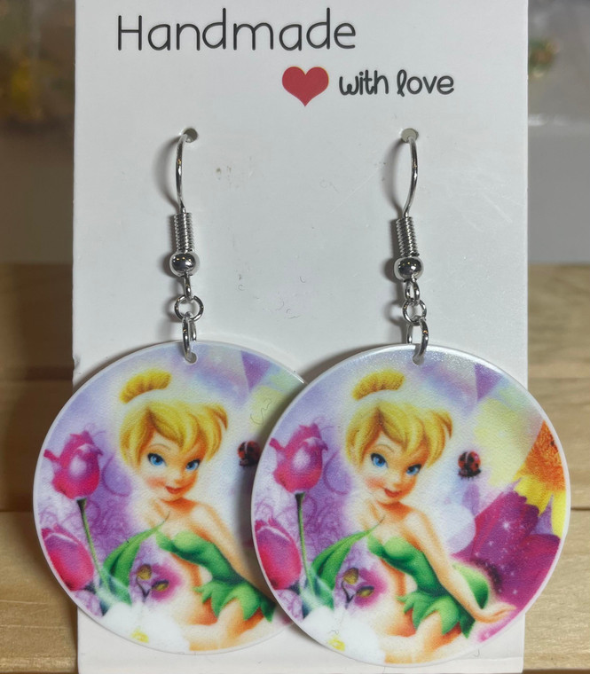 HANDMADE Acrylic Round Tinkerbell Drop Hook Earrings