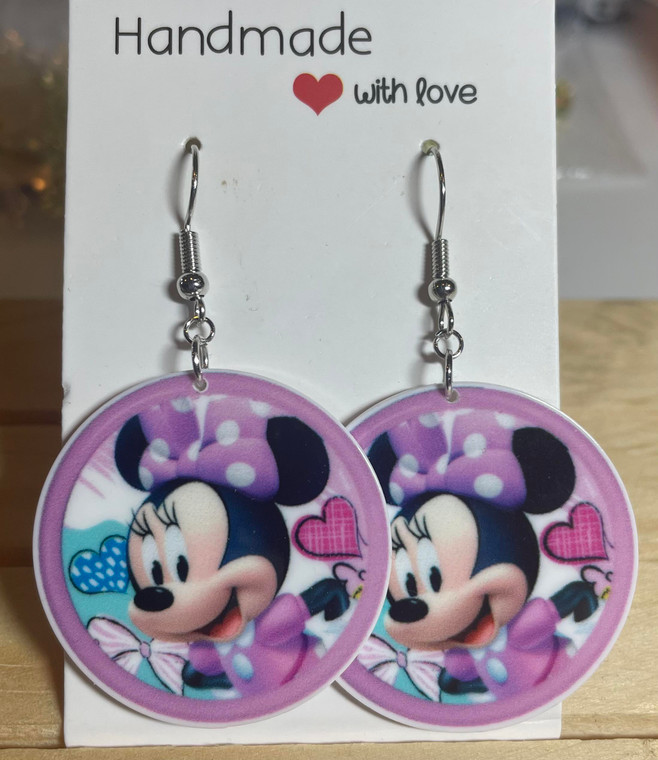 HANDMADE Acrylic Round Minnie Mouse Drop Hook Earrings